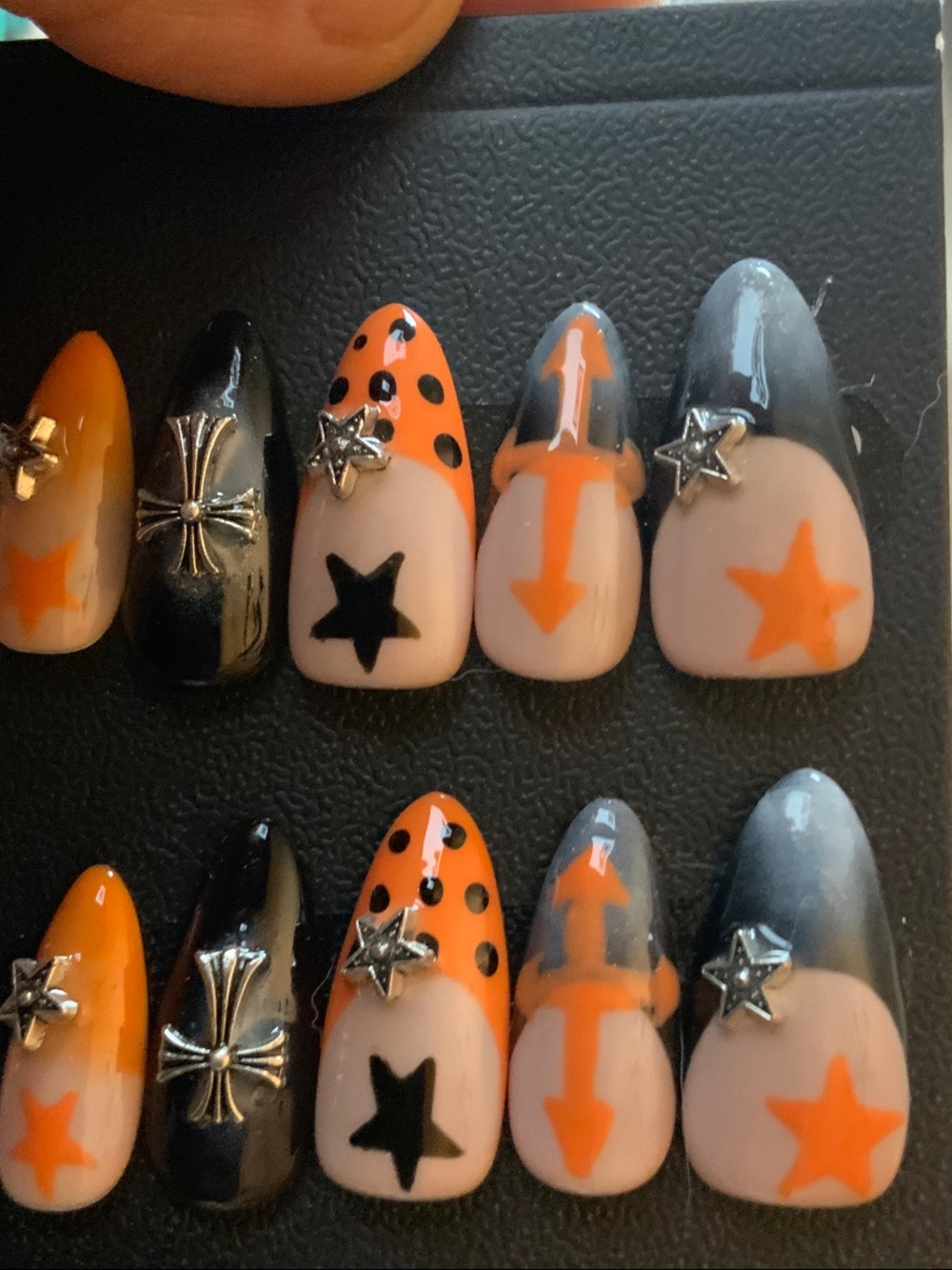 BGC premium custom nails Trendy Orange & Black accents Stars & Crosses Nails